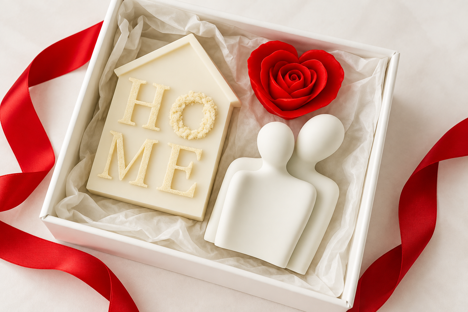 Gift box with house and couple sculptures