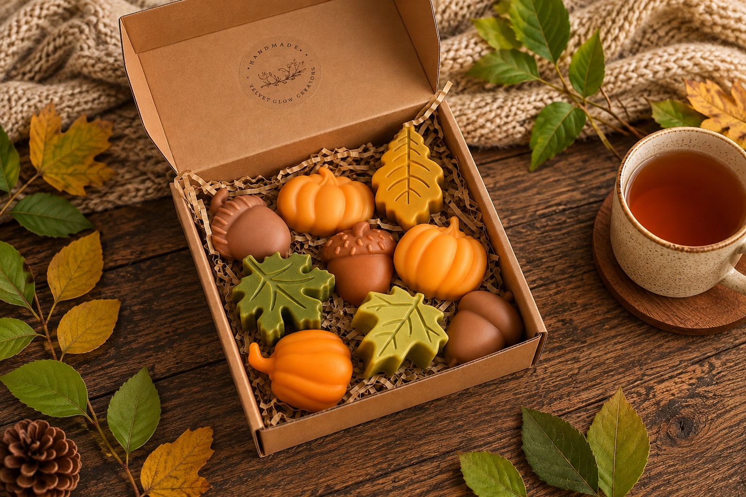 Kraft gift box with pumpkin, acorn and leaf soaps