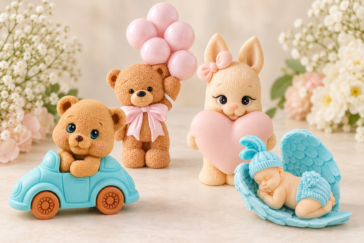 Four handmade soaps: a bear in a car, bear with balloons, heart-holding bunny and sleeping baby in angel wings