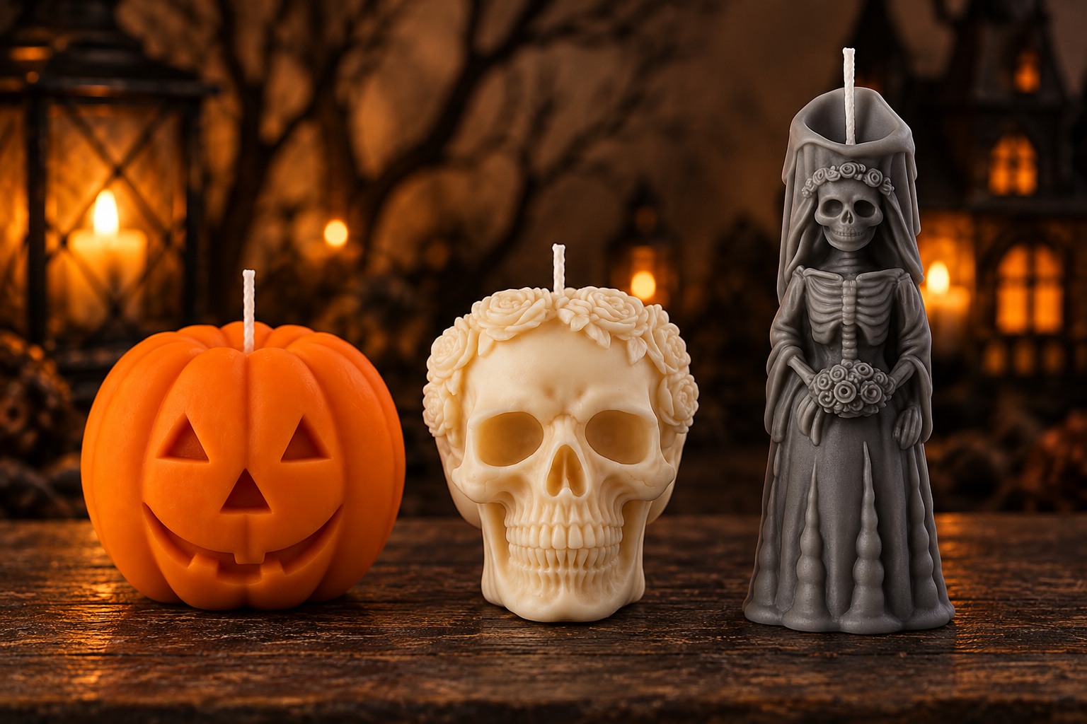 Orange pumpkin, ivory floral skull and gray skeleton bride candles